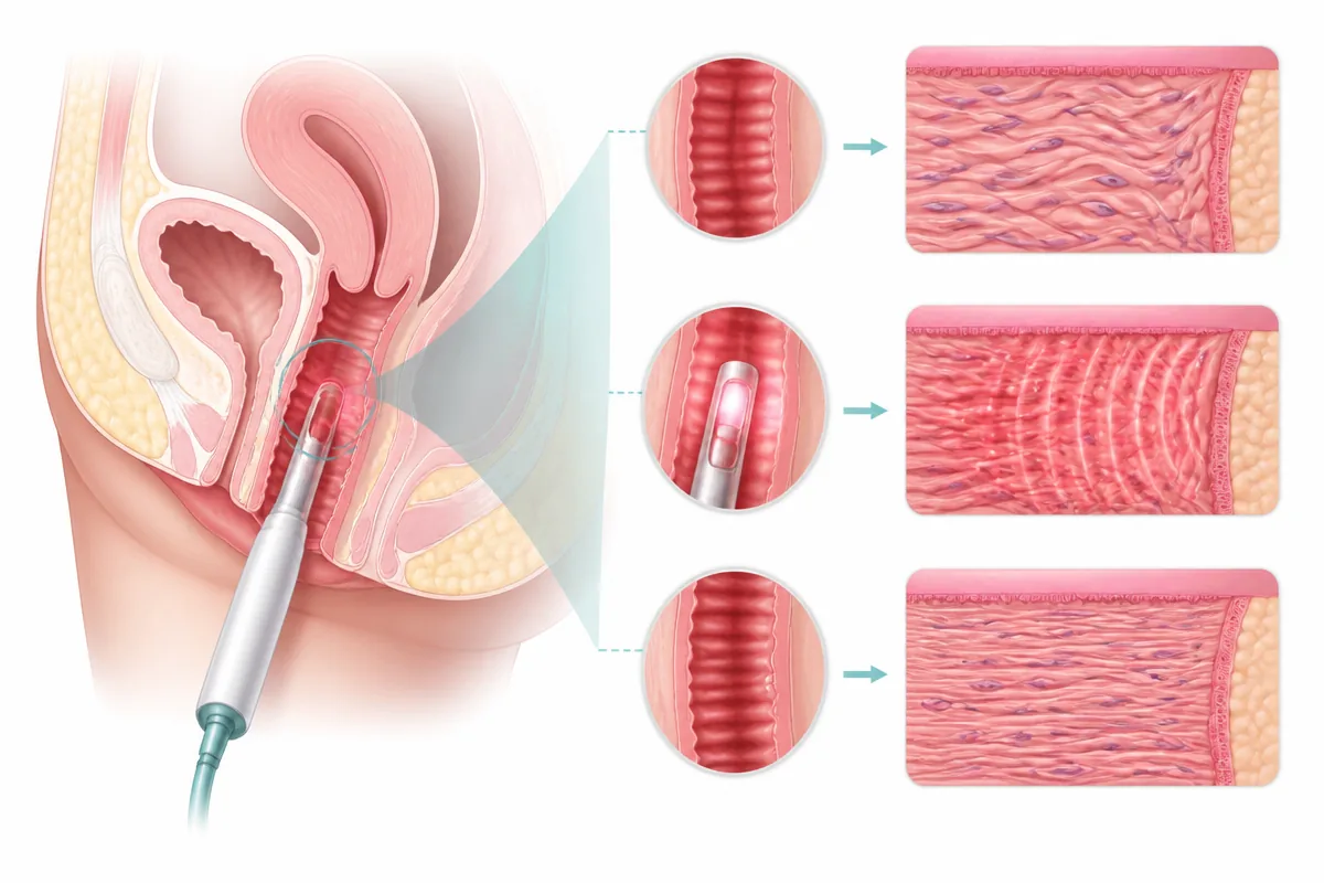Medical illustration of laser vaginal tightening showing a laser probe delivering controlled energy to the vaginal wall and collagen fibres remodelling