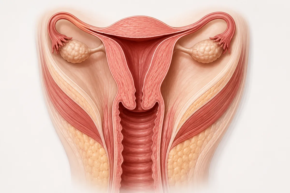 Cross-sectional medical illustration of the female reproductive system showing the uterus, fallopian tubes, ovaries, and vaginal canal