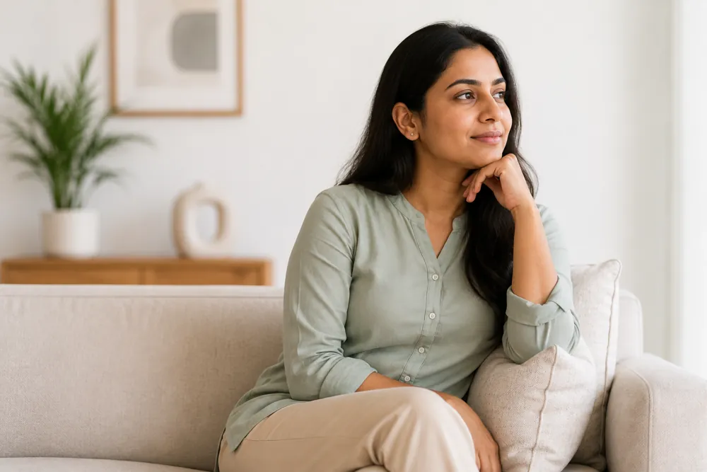 Woman relaxing at home, reflecting on her vaginal health and wellness options