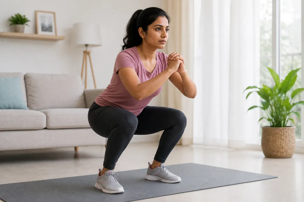 Woman doing squats at home as part of pelvic floor strengthening and fitness routine