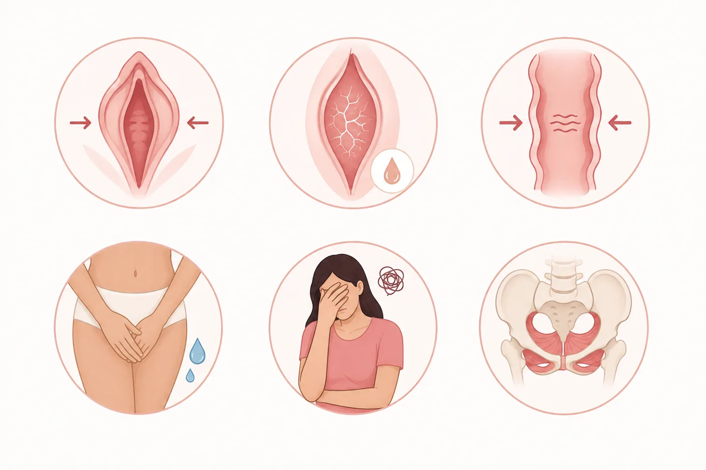 Illustrated icons showing signs of vaginal laxity including reduced firmness, dryness, mild urinary leakage, reduced confidence and pelvic floor weakness
